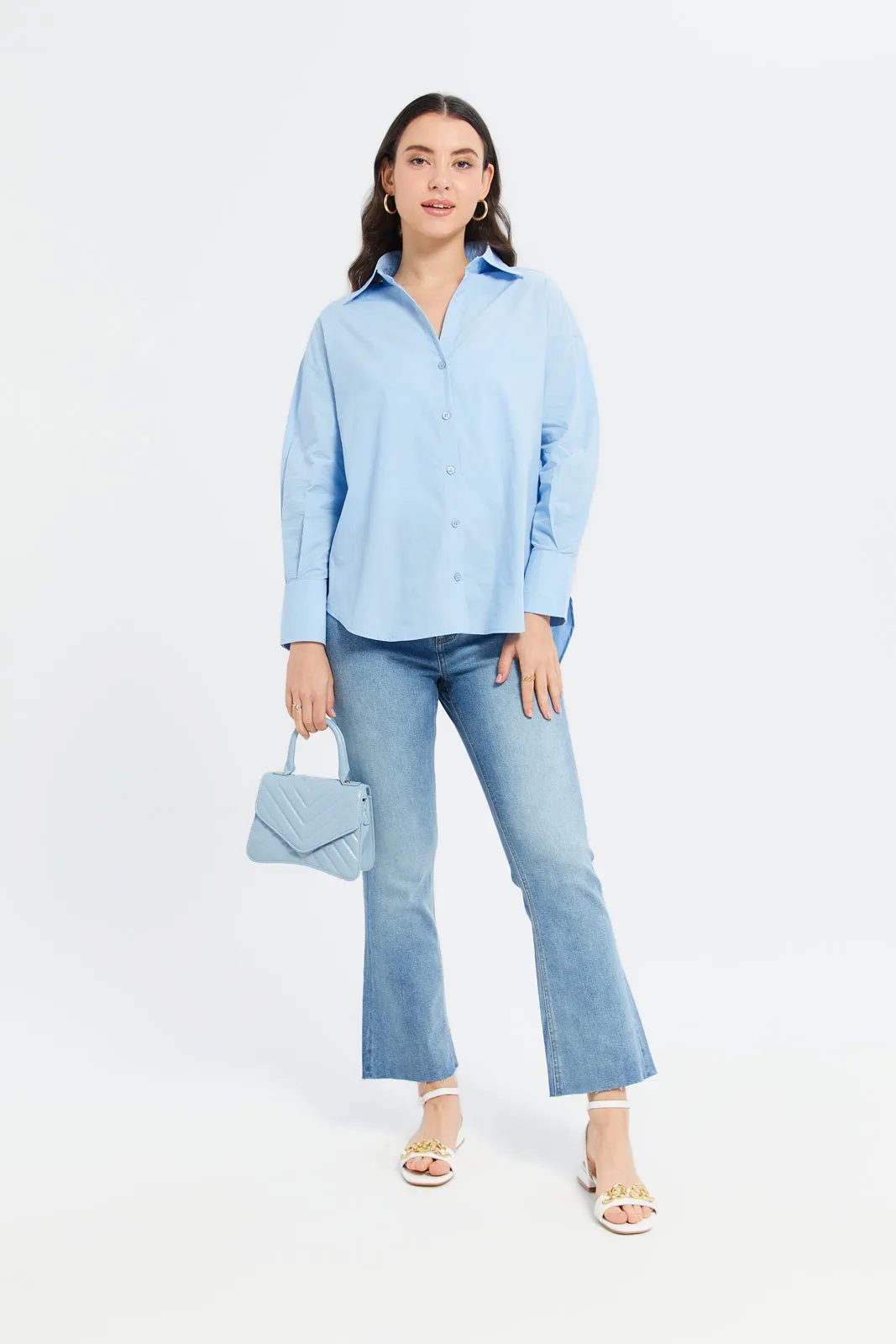 Women Blue Oversize Poplin Shirt