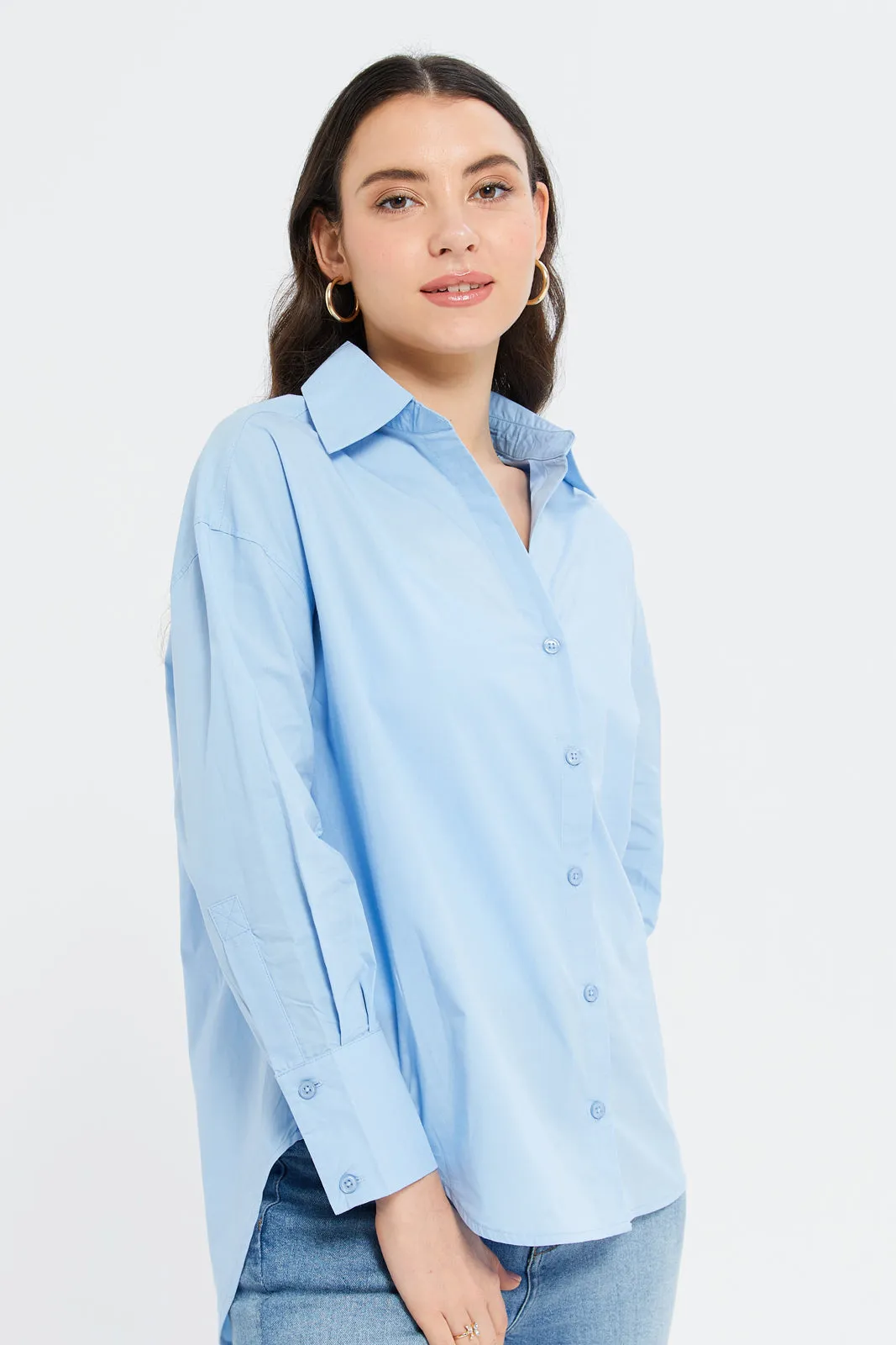 Women Blue Oversize Poplin Shirt