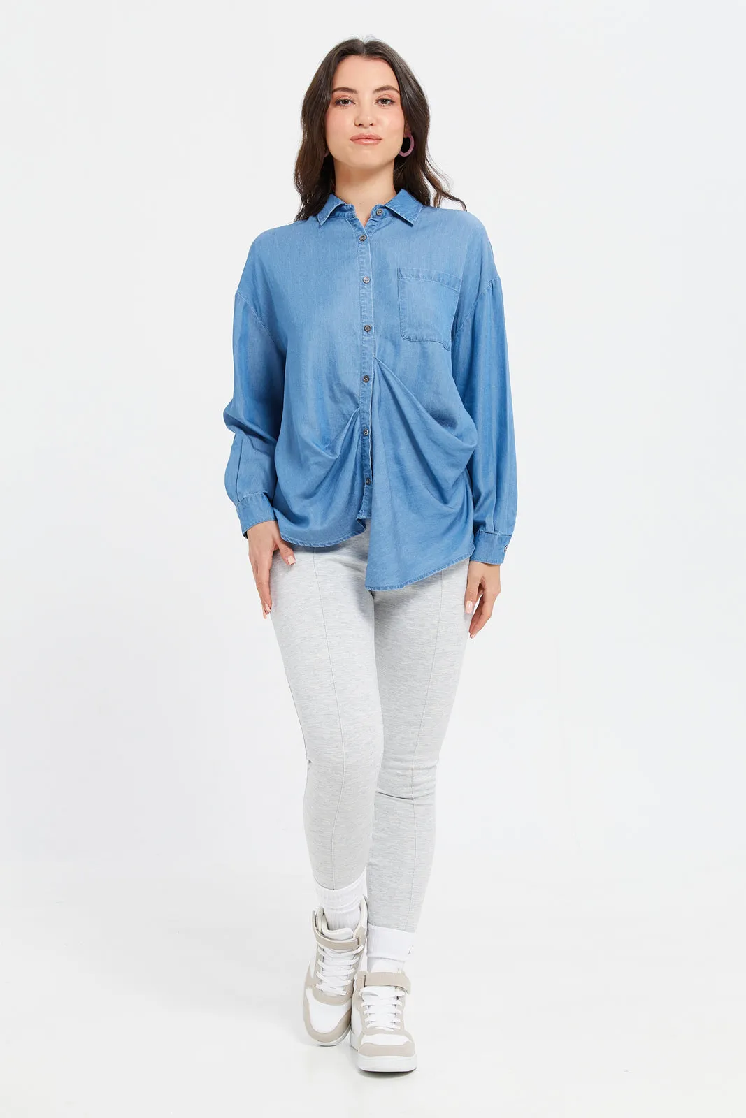 Women Blue Shirt With Front Asymmetric Pleating