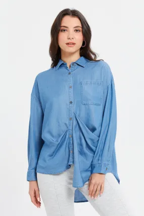 Women Blue Shirt With Front Asymmetric Pleating