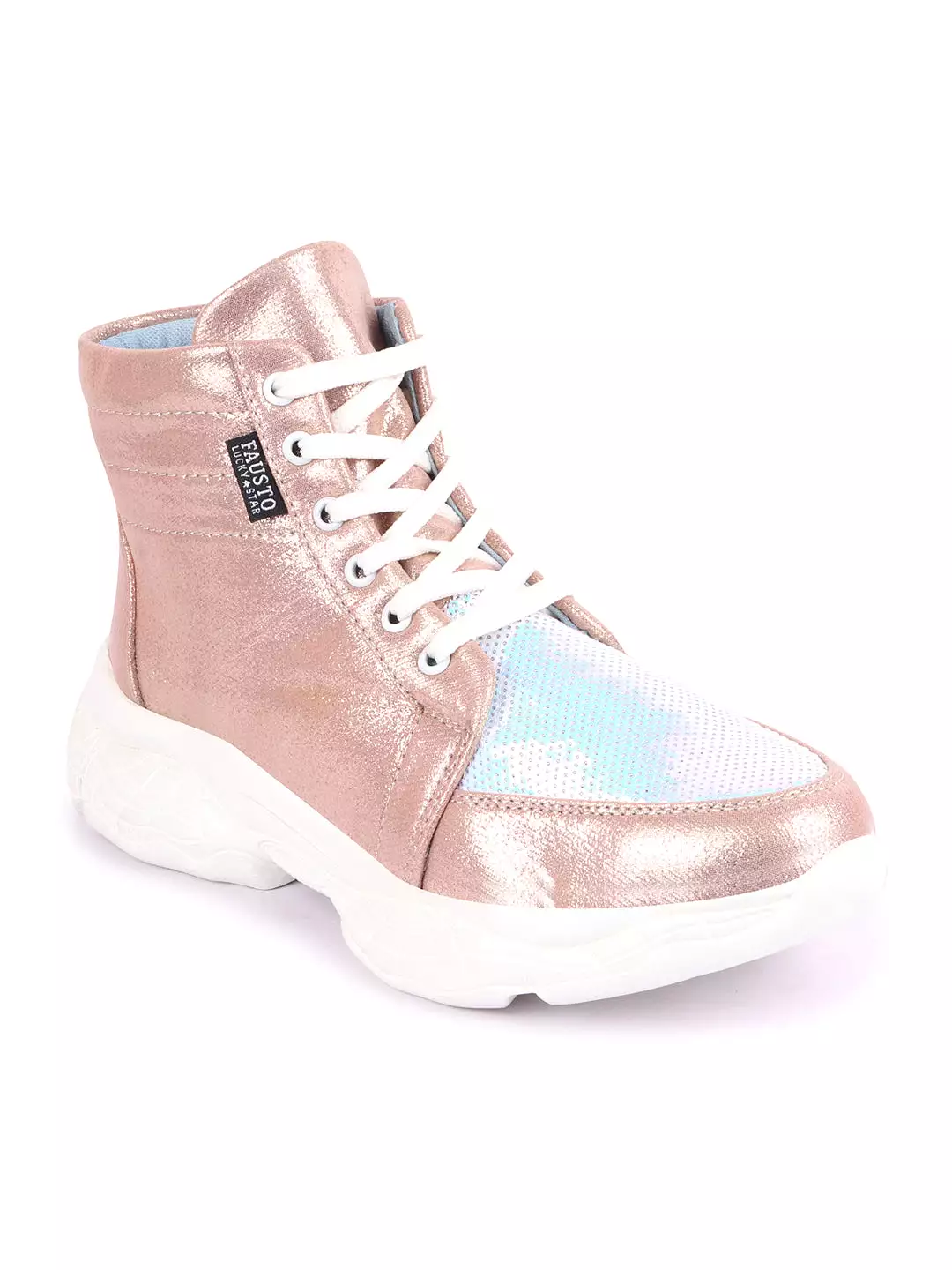 Women Pink High Ankle Lace Up Embellished Sneakers