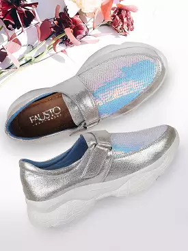 Women Silver Stylish Hook & Loop Sneakers