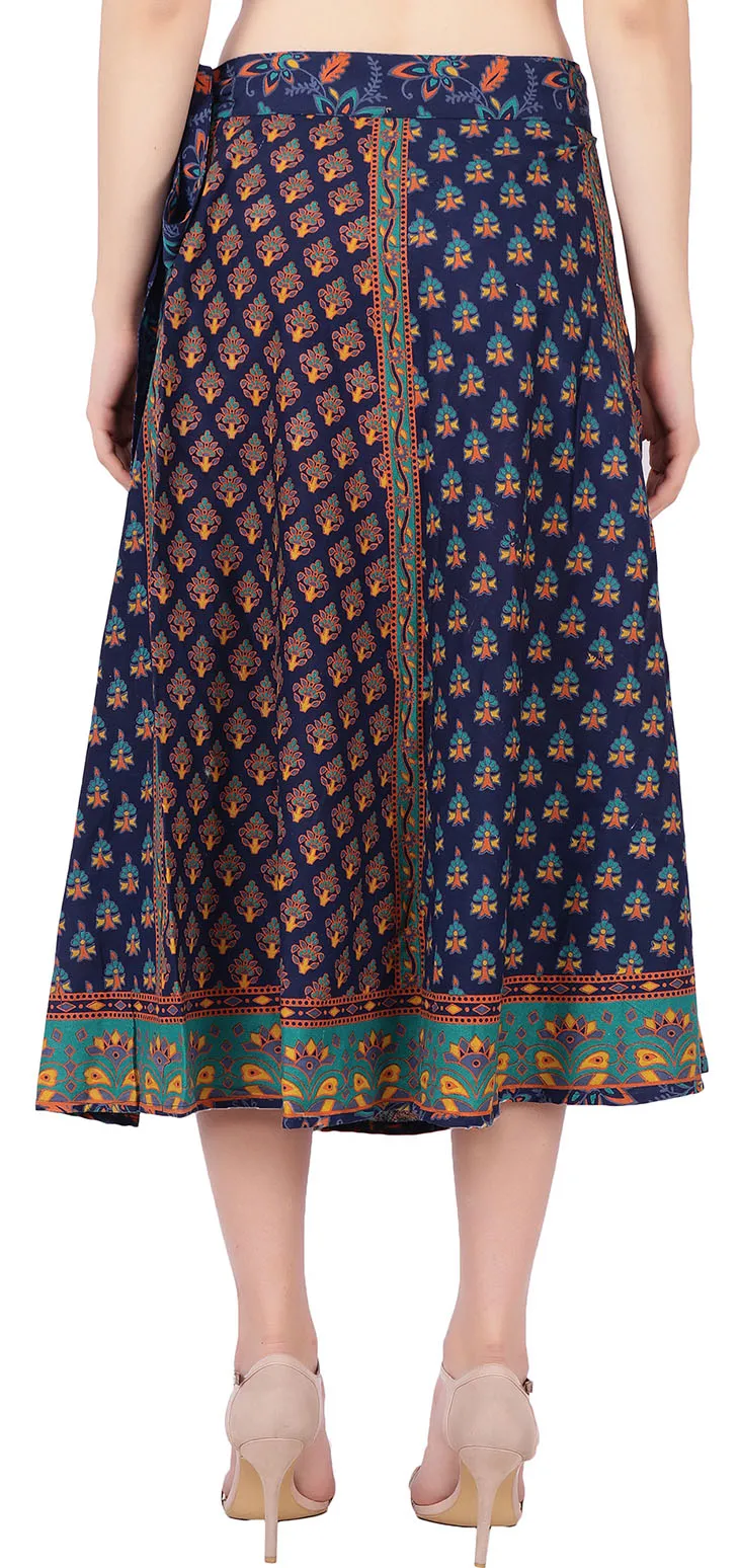 Women's Cotton Wrap Around Skirt Block Printed (Blue, One Size)