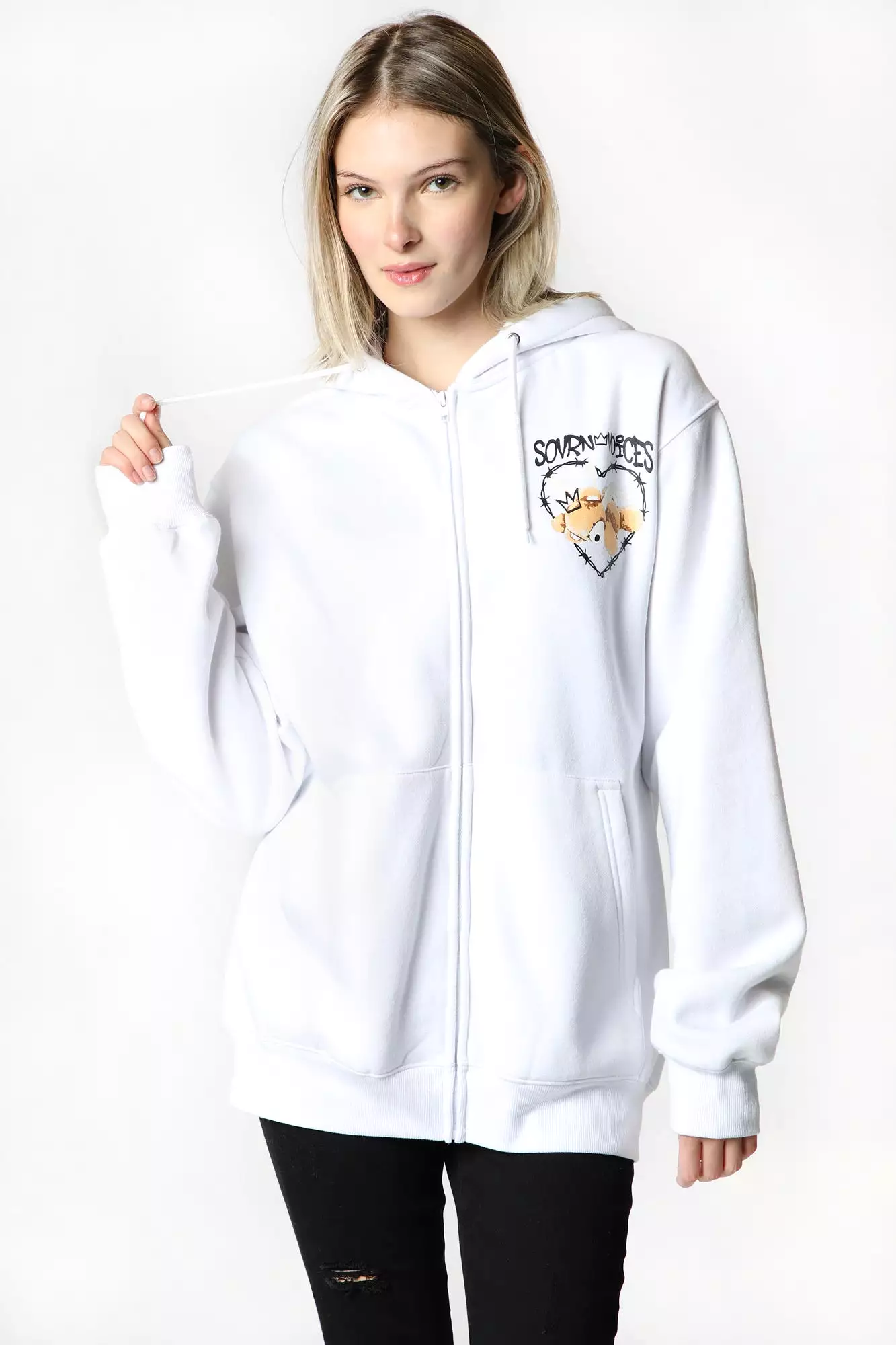 Womens Sovrn Voices Graphic White Zip-Up Hoodie