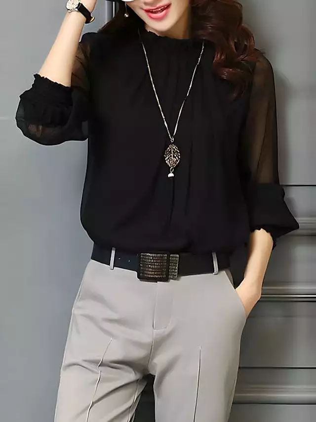 Women's Turtleneck Mesh Detail Shirt Blouse with Lantern Sleeves