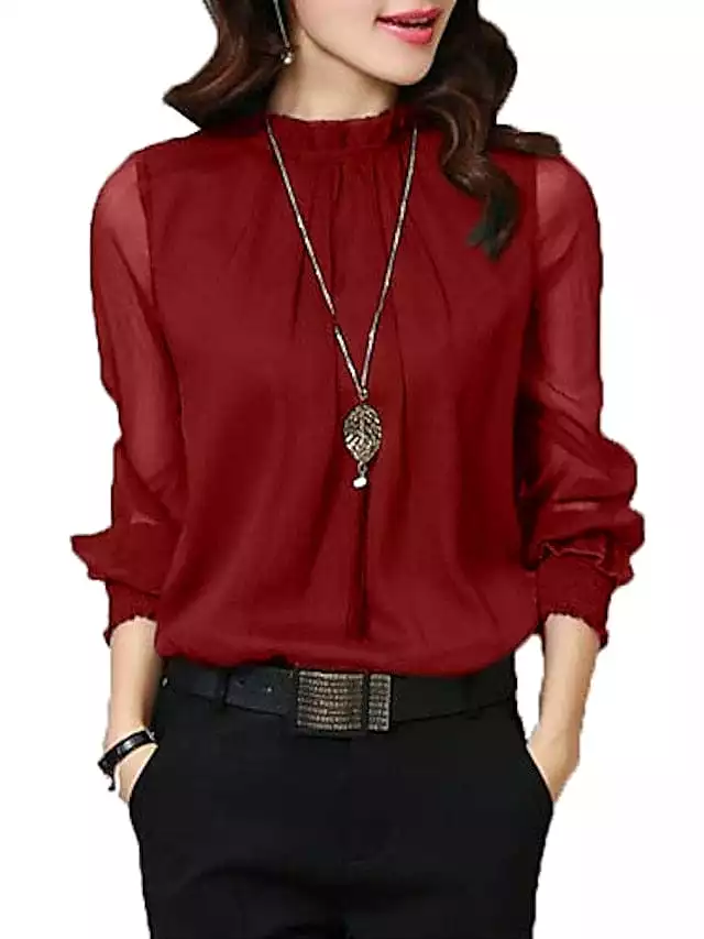 Women's Turtleneck Mesh Detail Shirt Blouse with Lantern Sleeves