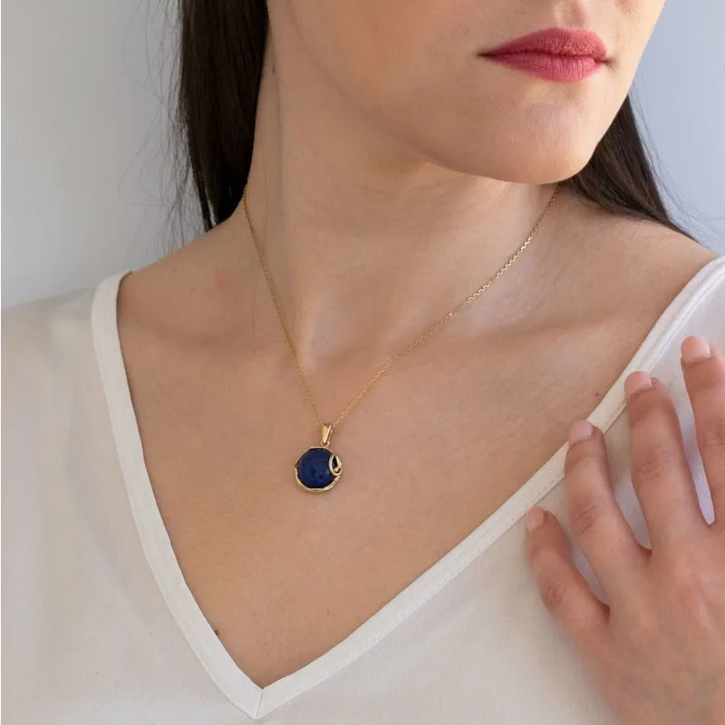 Yellow Gold Plated Round Blue Lapis Lazuli 14mm Pendant