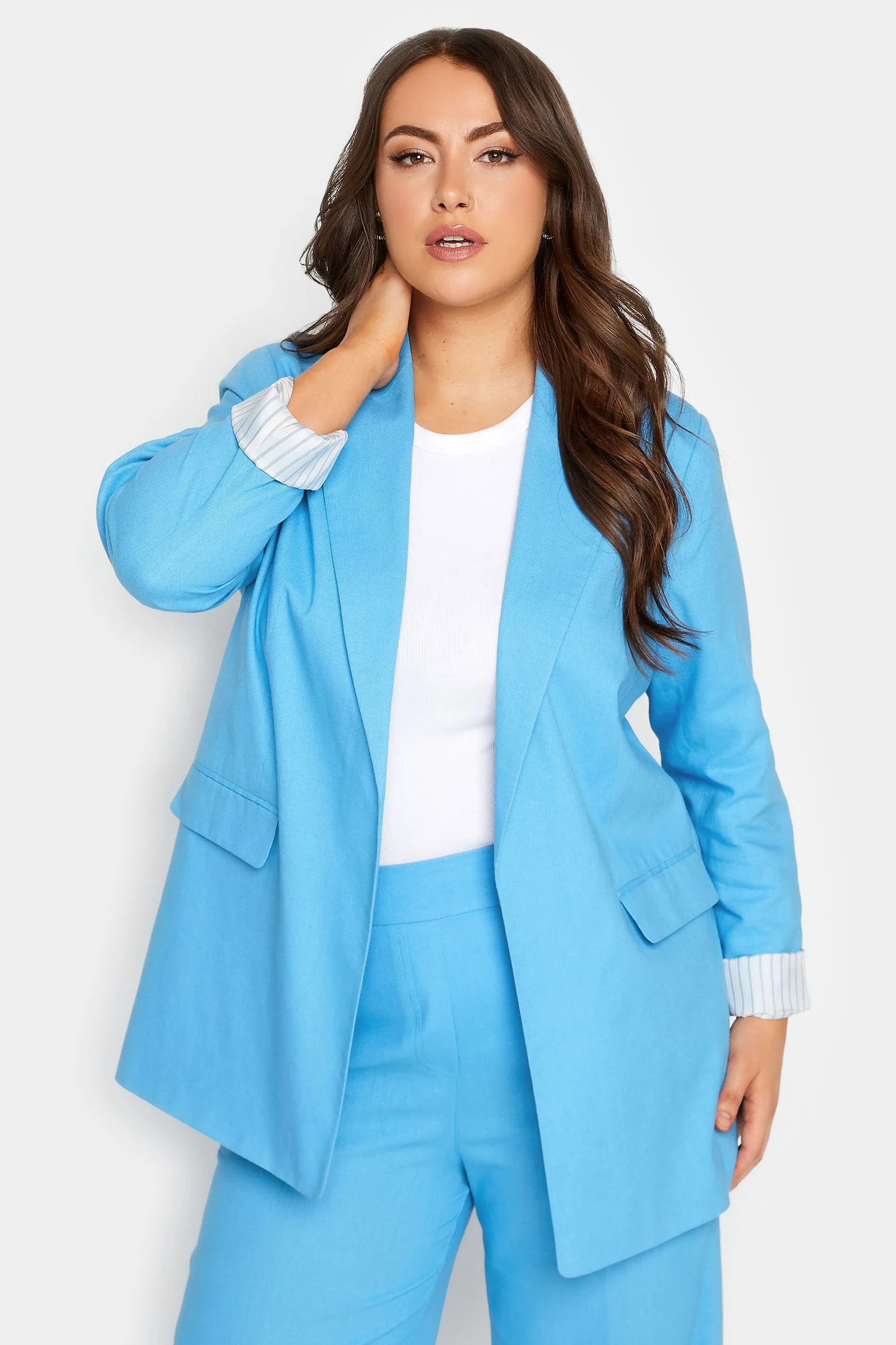 YOURS Curve Blue Linen Tailored Blazer