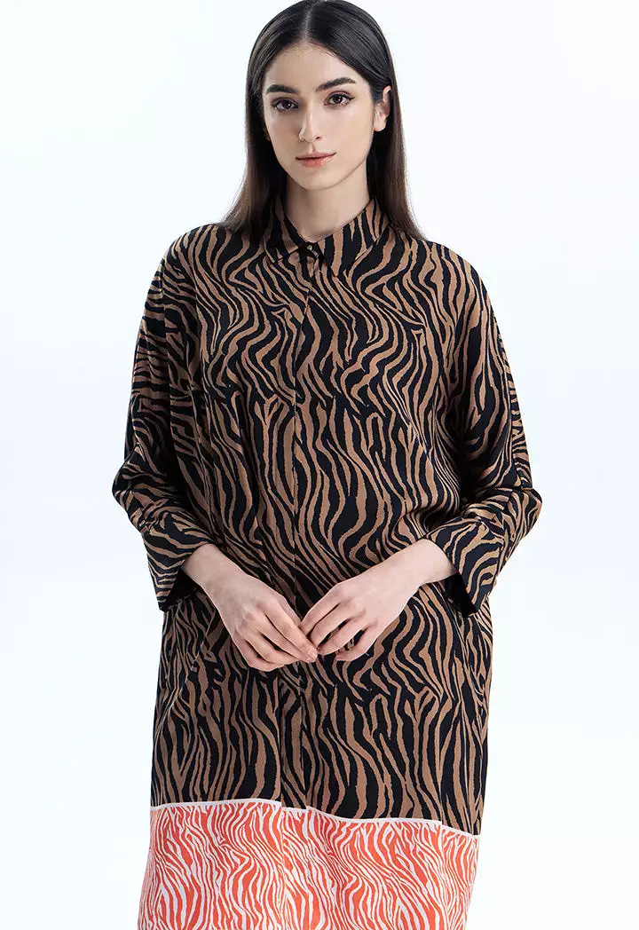 Zebra Printed Midi Shirt Dress